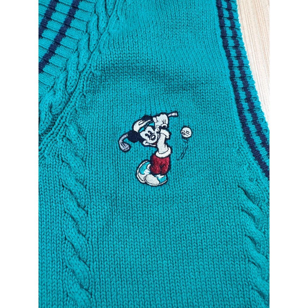 The Disney Store Golf Sweater Vest Adult Large Teal Blue Cable Knit Cotton Patch - Picture 2 of 7